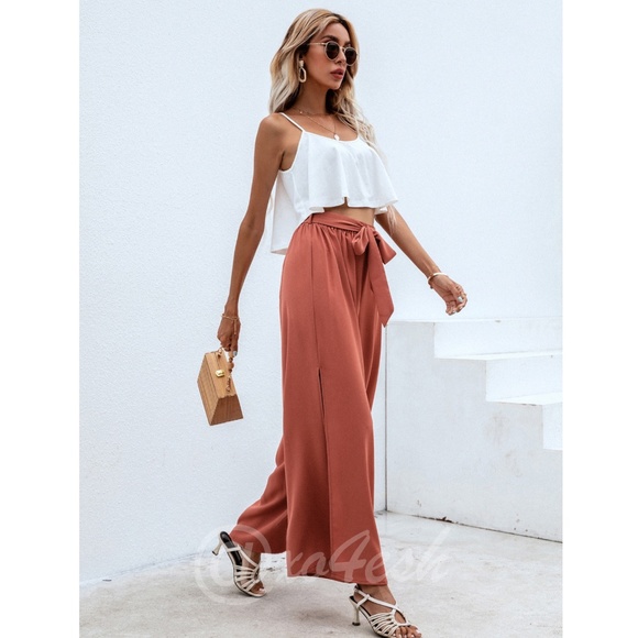 2 Piece Outfit: White Flowy Top and Burnt Orange Wide Pants - Picture 3 of 6